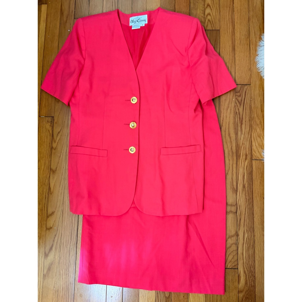 Oleg Cassini Vintage Coral Pink Skirt Suit Short Sleeve Blazer Pencil Skirt 14R